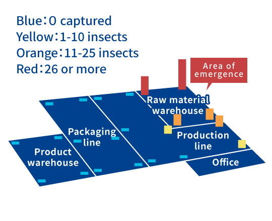 Area of emergence Blue:0 captured Yellow:1-10 insects Orange:11-25 insects Red:26 or more